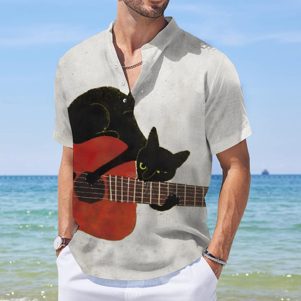 Black Cat Guitarist Art Linen Blend Shirt 2407003312