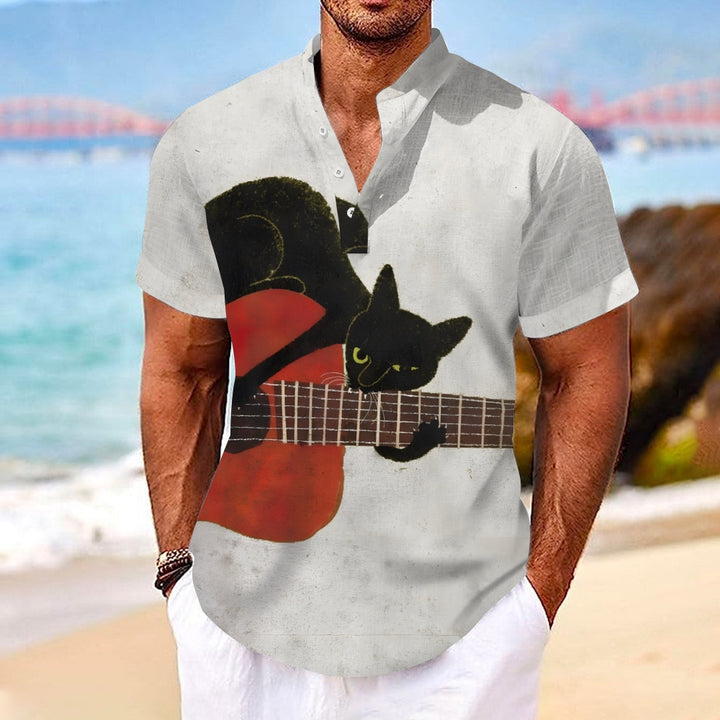 Black Cat Guitarist Art Linen Blend Shirt 2407003312