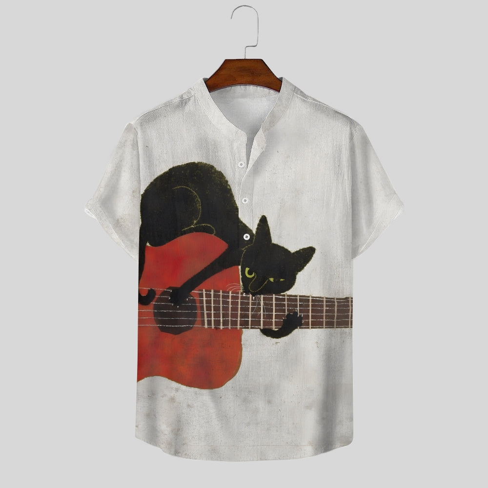 Black Cat Guitarist Art Linen Blend Shirt 2407003312