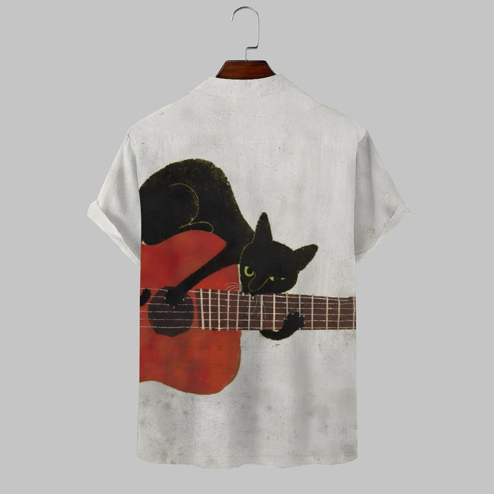 Black Cat Guitarist Art Linen Blend Shirt 2407003312