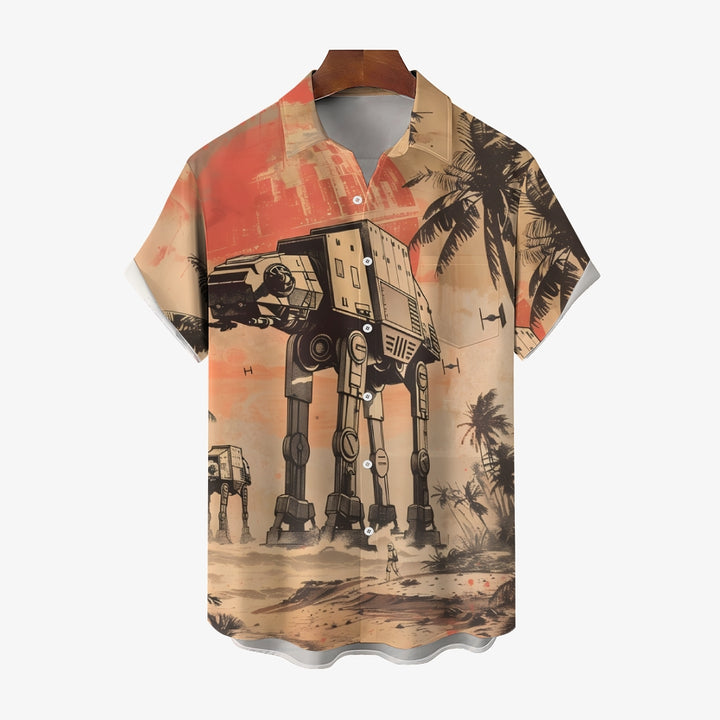 Space War Print Casual Large Size Short-Sleeved Shirt 2407003376