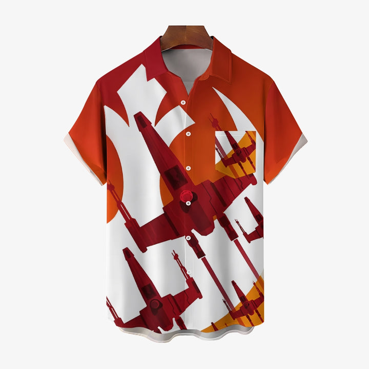 Retro Gradient Travel Spaceship Print Bamboo Linen Short Sleeve Shirt 2407003415