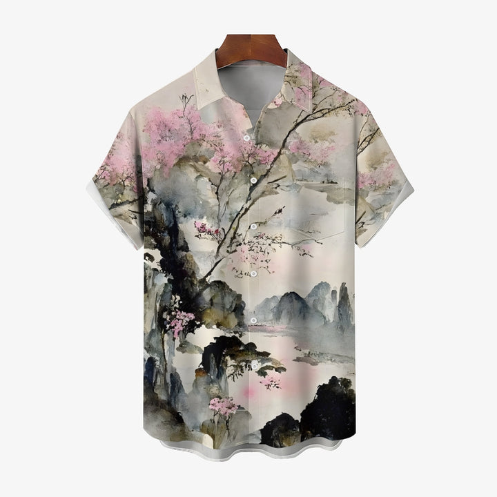 Men's Chinese Painting Ink Painting Art Casual Short Sleeve Shirt 2403000033