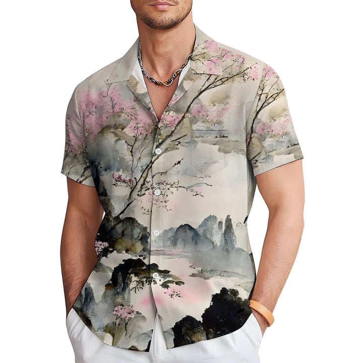 Men's Chinese Painting Ink Painting Art Casual Short Sleeve Shirt 2403000033