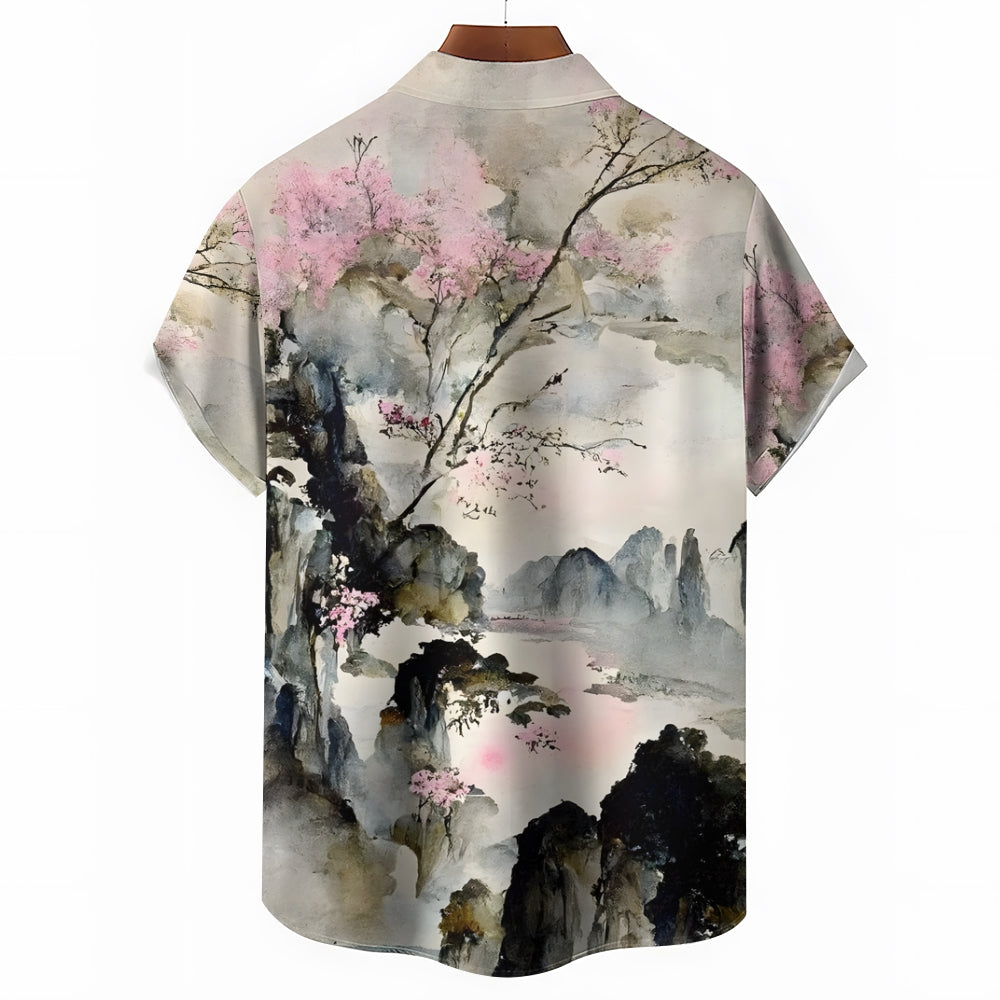 Men's Chinese Painting Ink Painting Art Casual Short Sleeve Shirt 2403000033