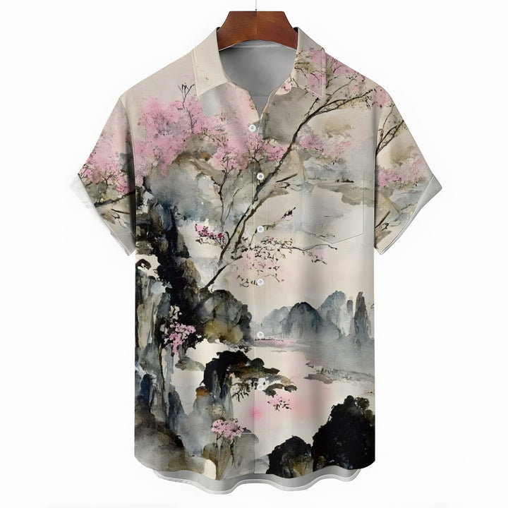 Men's Chinese Painting Ink Painting Art Casual Short Sleeve Shirt 2403000033