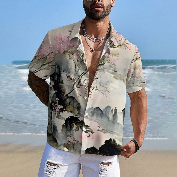 Men's Chinese Painting Ink Painting Art Casual Short Sleeve Shirt 2403000033