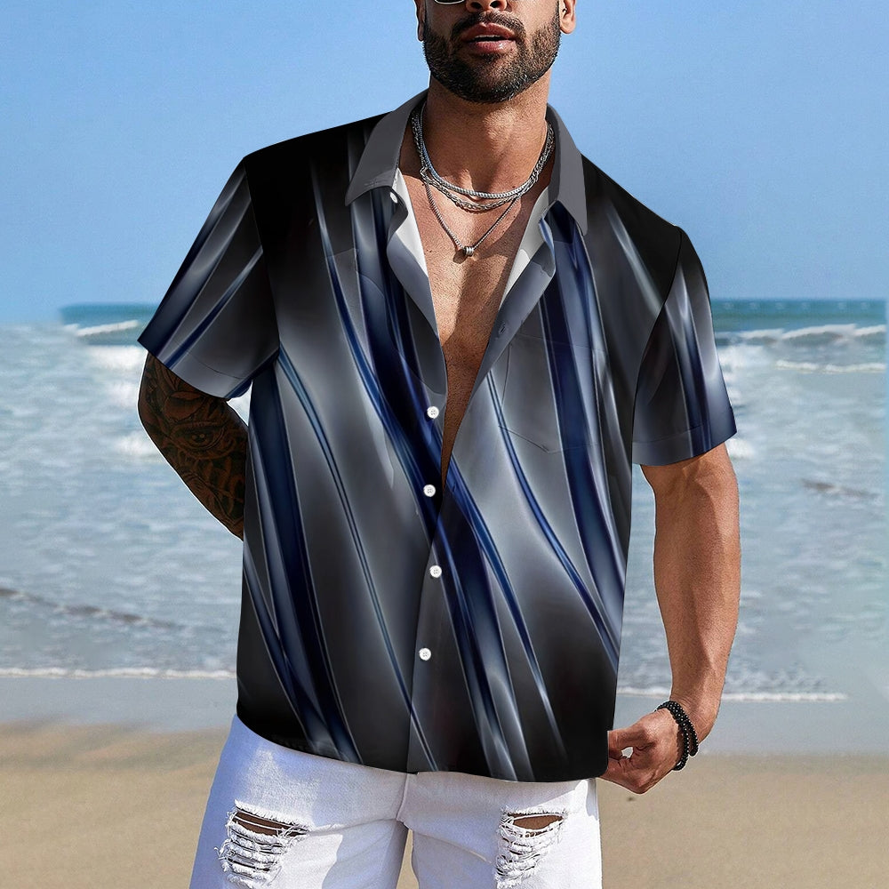 Men's Ombre Gradient Pattern Print Vintage Lapel Collar Short Sleeve Shirt