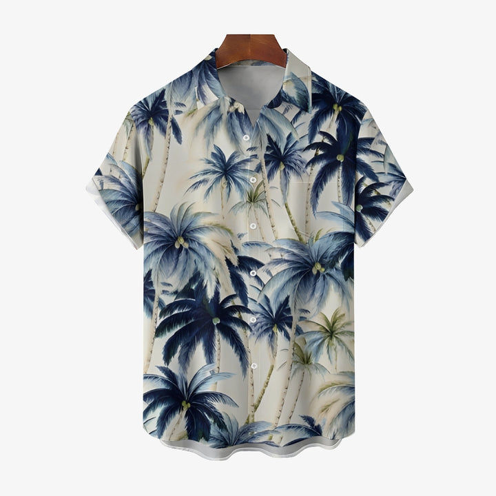 Beach Vacation Khaki Men's Hawaiian Shirt Vintage Coconut Tree Pocket Camping Shirt 2401000088