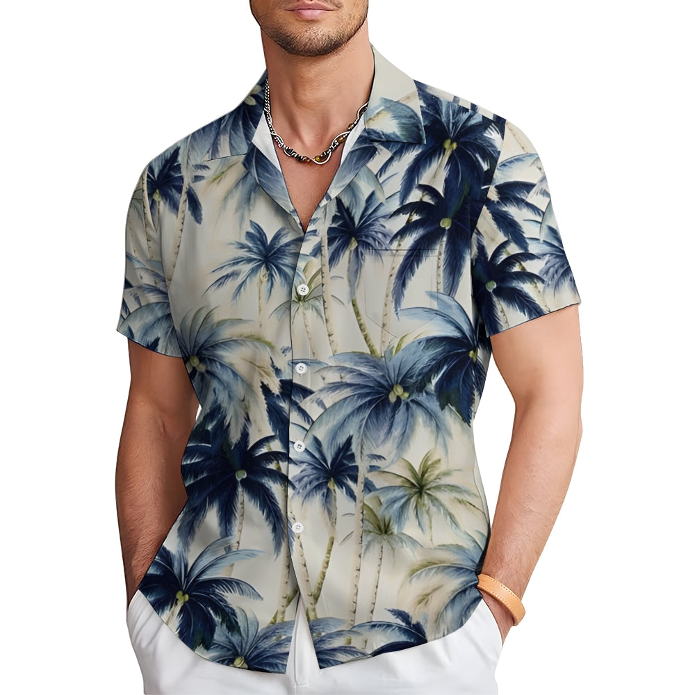 Beach Vacation Khaki Men's Hawaiian Shirt Vintage Coconut Tree Pocket Camping Shirt 2401000088