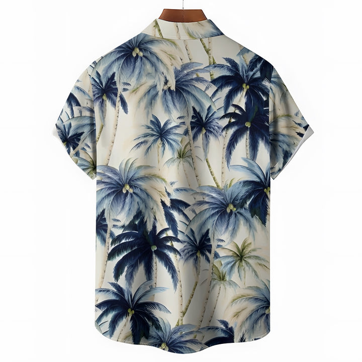 Beach Vacation Khaki Men's Hawaiian Shirt Vintage Coconut Tree Pocket Camping Shirt 2401000088