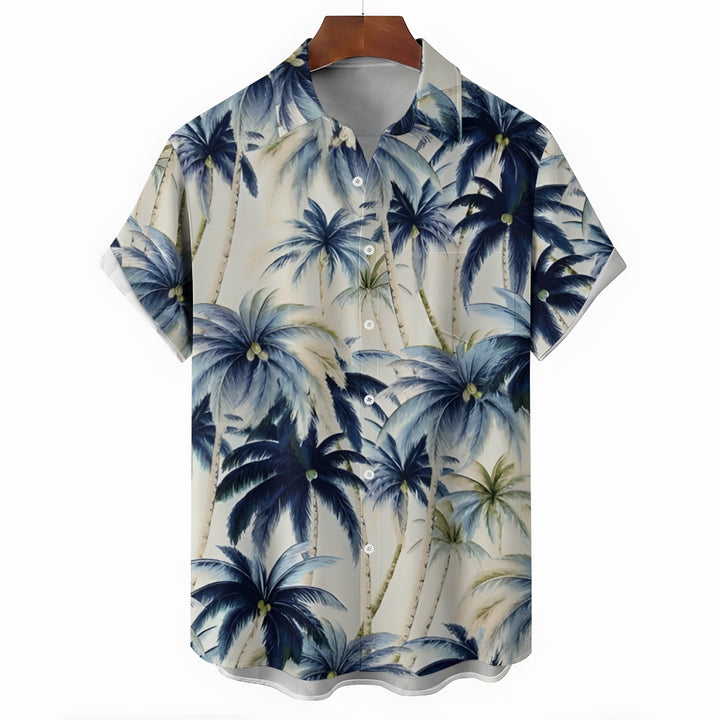 Beach Vacation Khaki Men's Hawaiian Shirt Vintage Coconut Tree Pocket Camping Shirt 2401000088