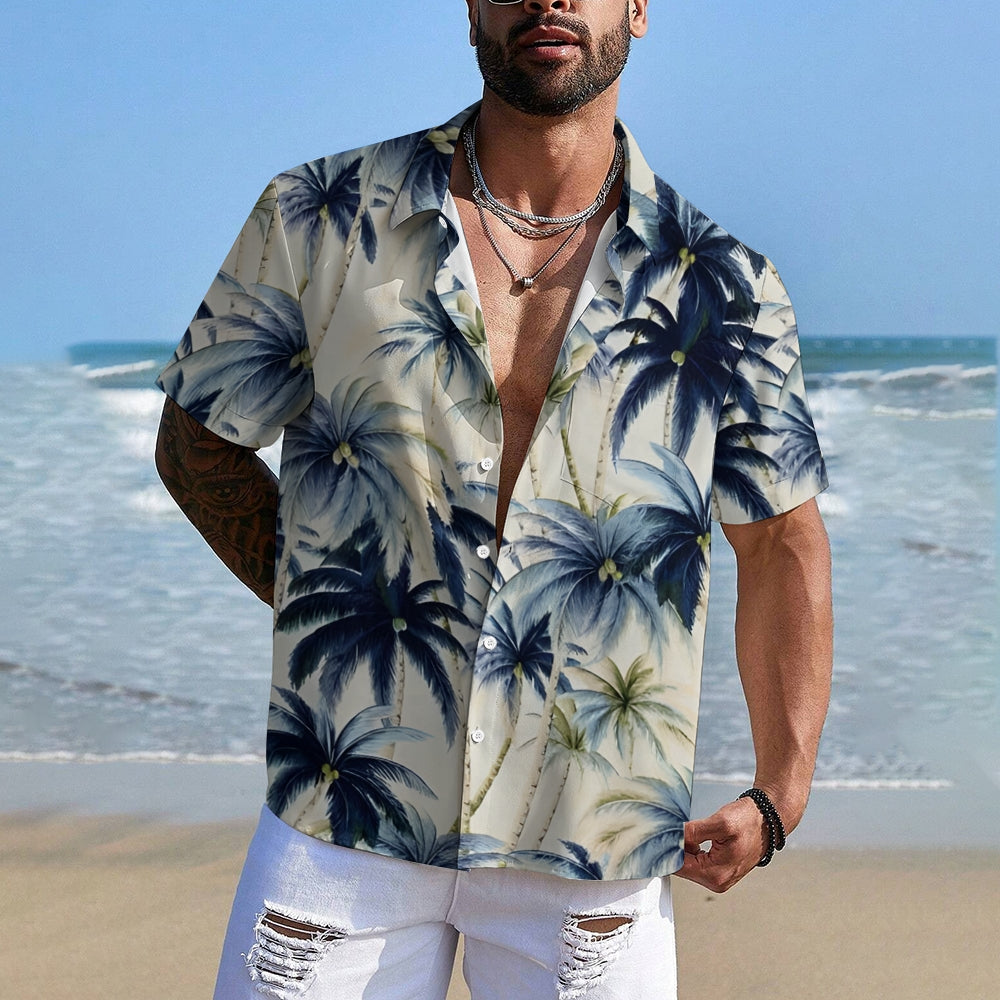 Beach Vacation Khaki Men's Hawaiian Shirt Vintage Coconut Tree Pocket Camping Shirt 2401000088