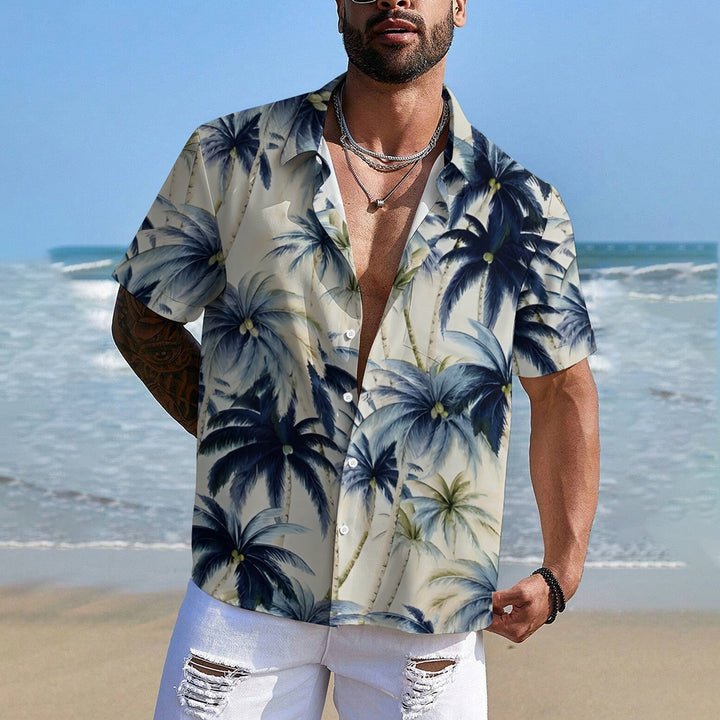 Beach Vacation Khaki Men's Hawaiian Shirt Vintage Coconut Tree Pocket Camping Shirt 2401000088