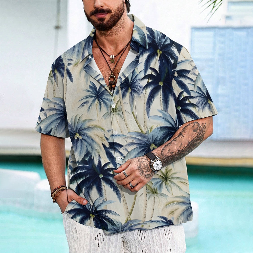 Beach Vacation Khaki Men's Hawaiian Shirt Vintage Coconut Tree Pocket Camping Shirt 2401000088