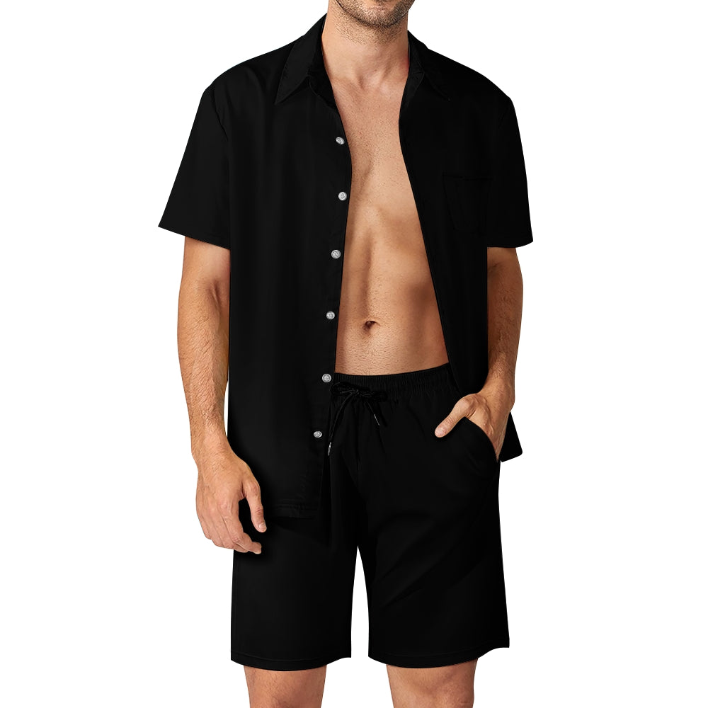 Casual Black Shirt And Beach Shorts Set 2407004938
