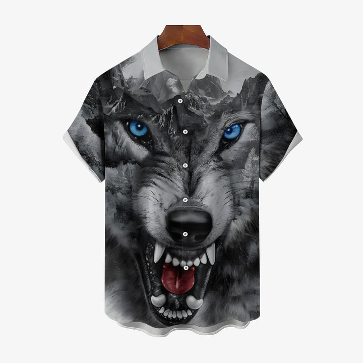 Men's Wolf Print Casual Short Sleeve Shirt 2404000450