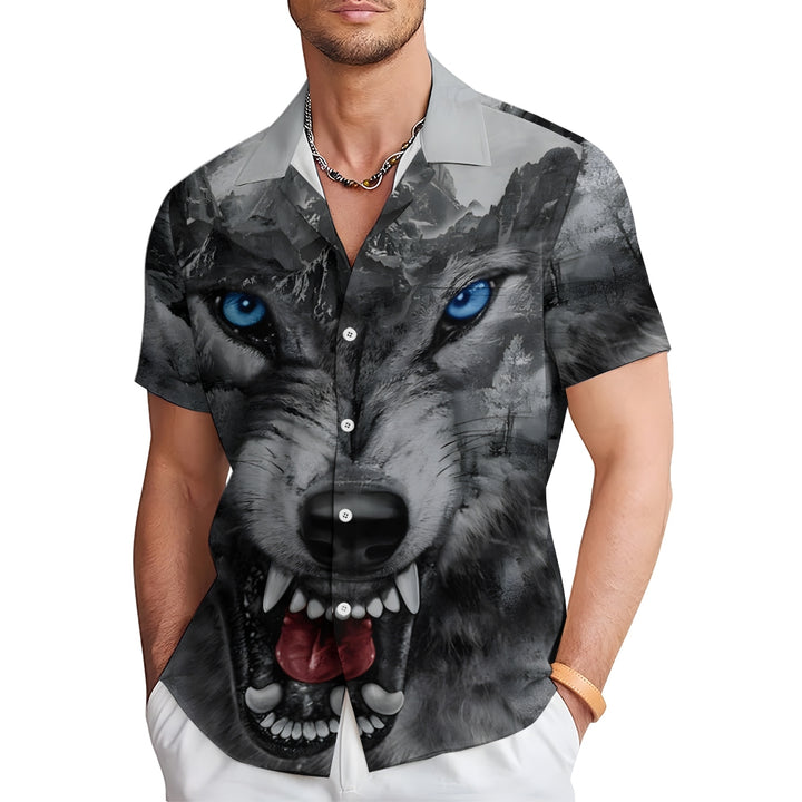 Men's Wolf Print Casual Short Sleeve Shirt 2404000450