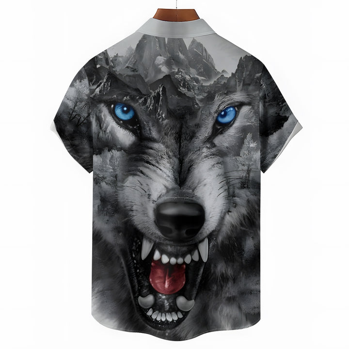 Men's Wolf Print Casual Short Sleeve Shirt 2404000450