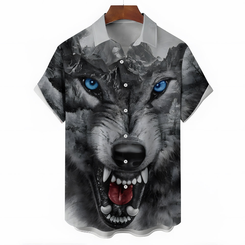 Men's Wolf Print Casual Short Sleeve Shirt 2404000450