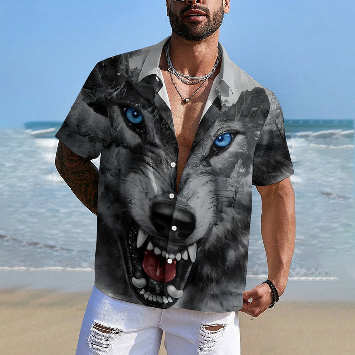 Men's Wolf Print Casual Short Sleeve Shirt 2404000450