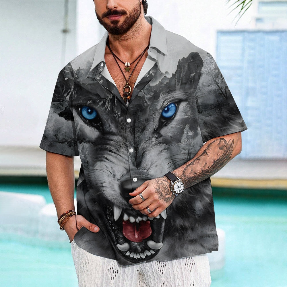 Men's Wolf Print Casual Short Sleeve Shirt 2404000450