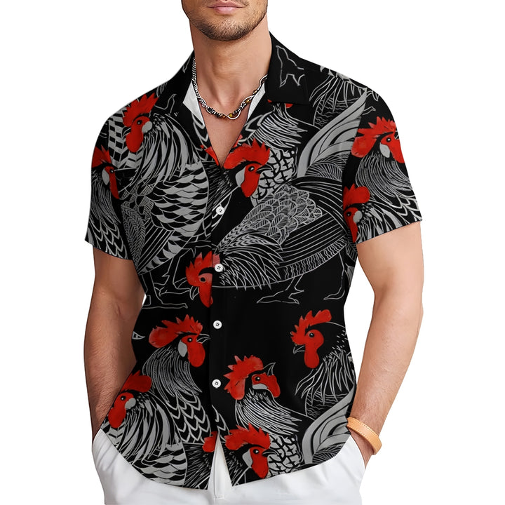 Cartoon Rooster Printed Casual Oversized Short Sleeve Shirt 2407005039