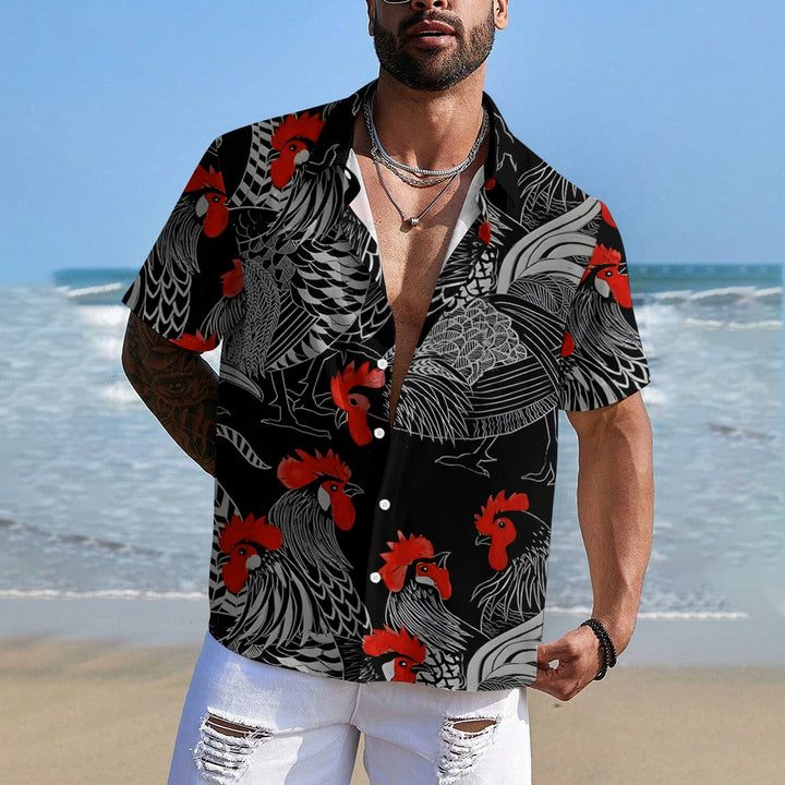 Cartoon Rooster Printed Casual Oversized Short Sleeve Shirt 2407005039