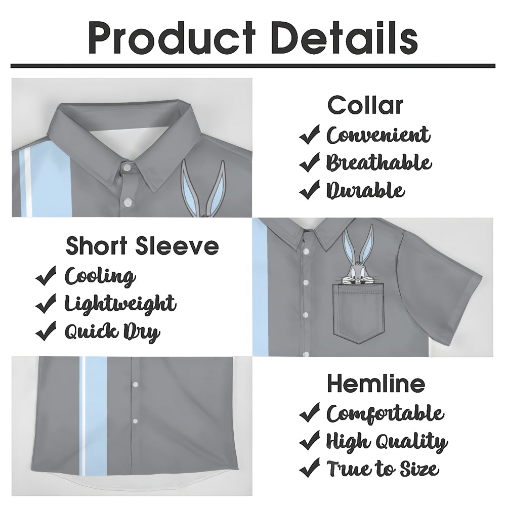 Retro Cartoon Rabbit Striped Print Chest Pocket Short Sleeve Shirt 2405001940