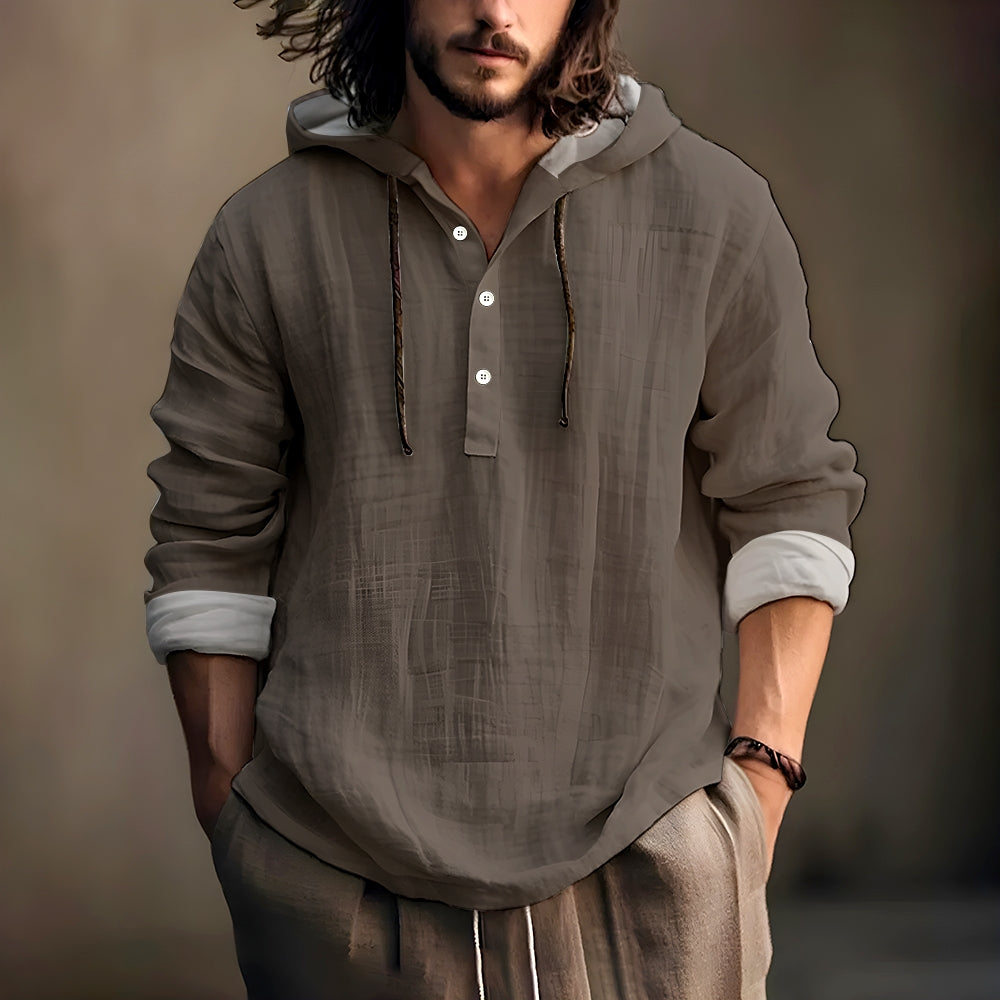 Men Solid Color Autumn Long Sleeve Hooded Cotton Linen Shirts 2407005269