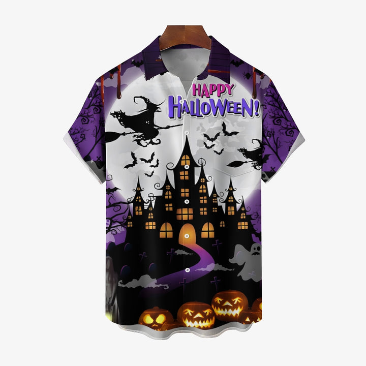 Halloween Witch Print Loose Breast Pocket Short Sleeve Shirt 2308100302