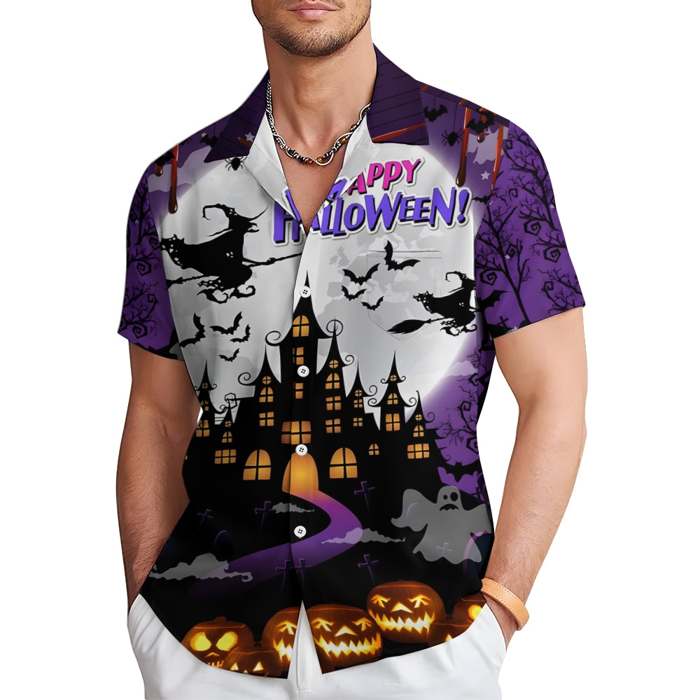 Halloween Witch Print Loose Breast Pocket Short Sleeve Shirt 2308100302