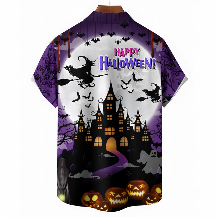 Halloween Witch Print Loose Breast Pocket Short Sleeve Shirt 2308100302