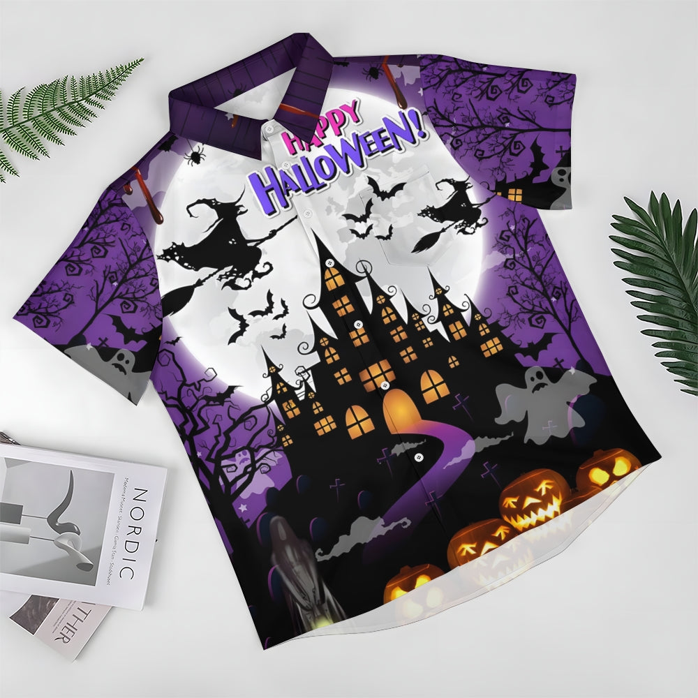 Halloween Witch Print Loose Breast Pocket Short Sleeve Shirt 2308100302