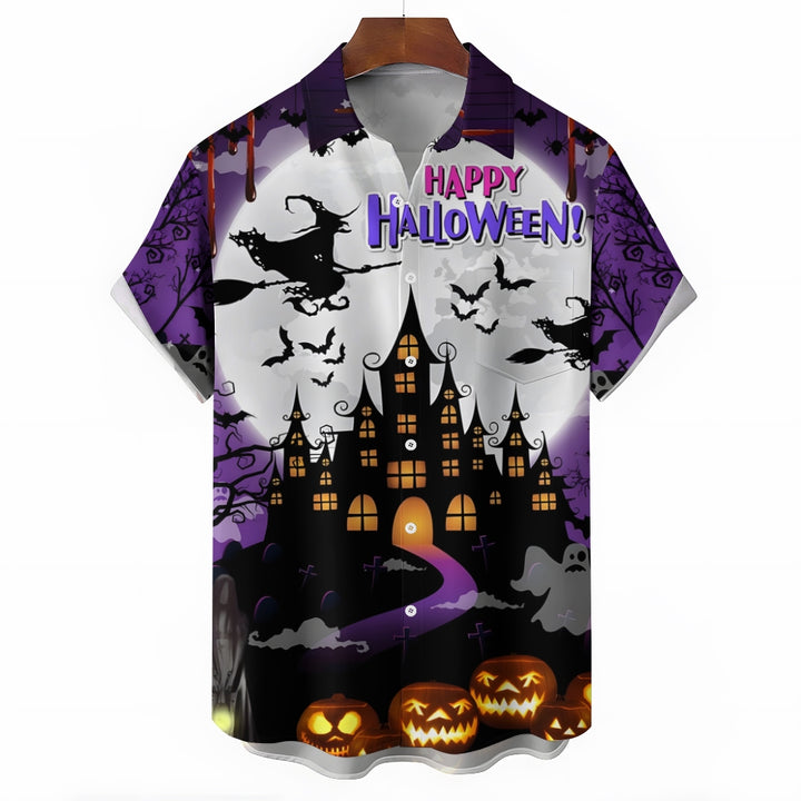 Halloween Witch Print Loose Breast Pocket Short Sleeve Shirt 2308100302