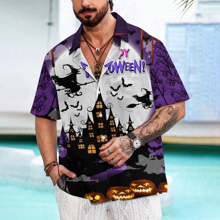 Halloween Witch Print Loose Breast Pocket Short Sleeve Shirt 2308100302