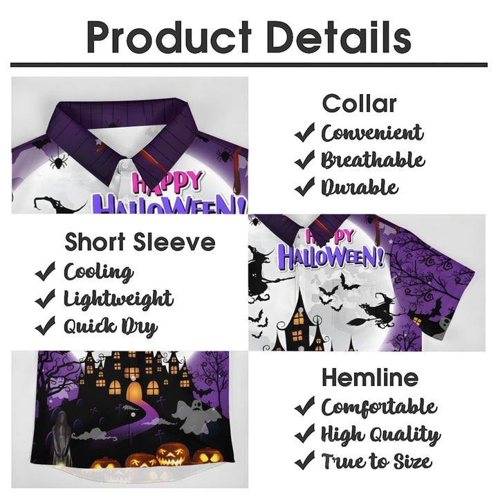 Halloween Witch Print Loose Breast Pocket Short Sleeve Shirt 2308100302