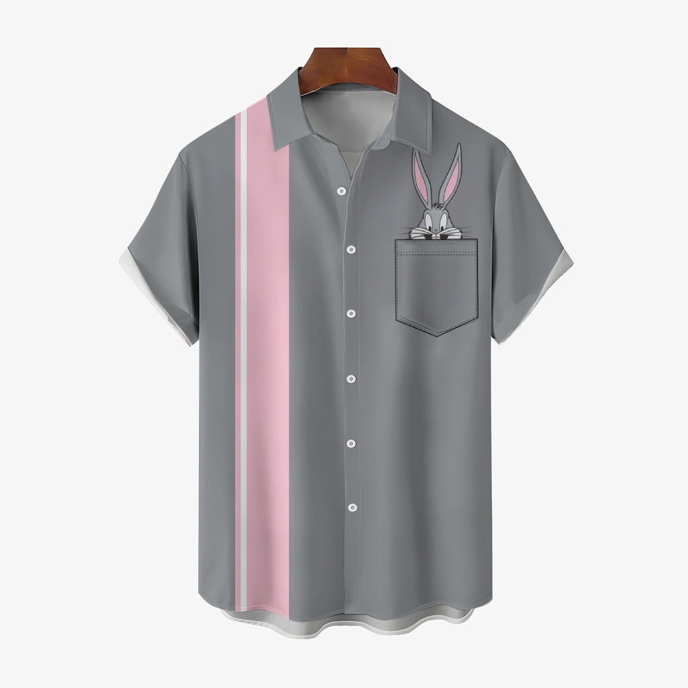 Retro Cartoon Rabbit Striped Print Chest Pocket Short Sleeve Shirt 2405001940