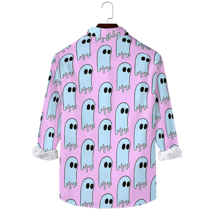 Retro Blue Purple Ghost Print Long Sleeve Shirt 2407005371