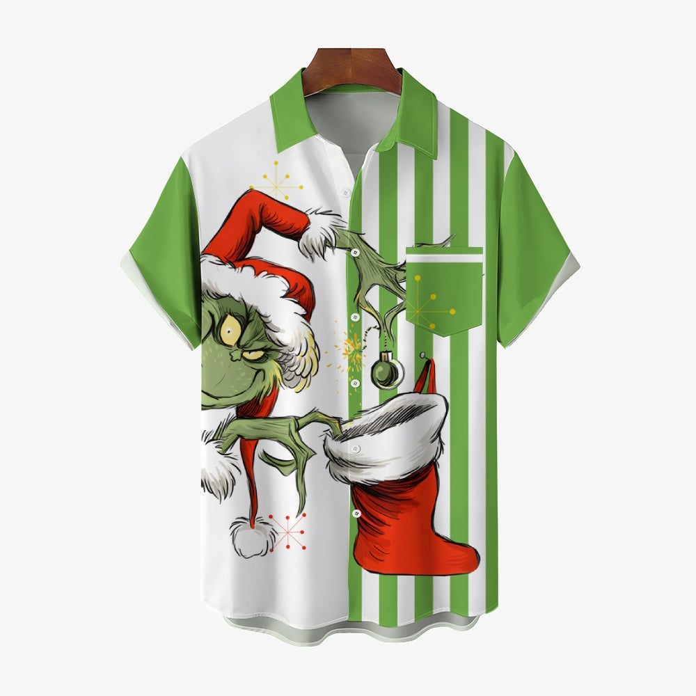 THE GRINCH  Christmas Striped Chest Pocket Short Sleeved Shirt 2310000328