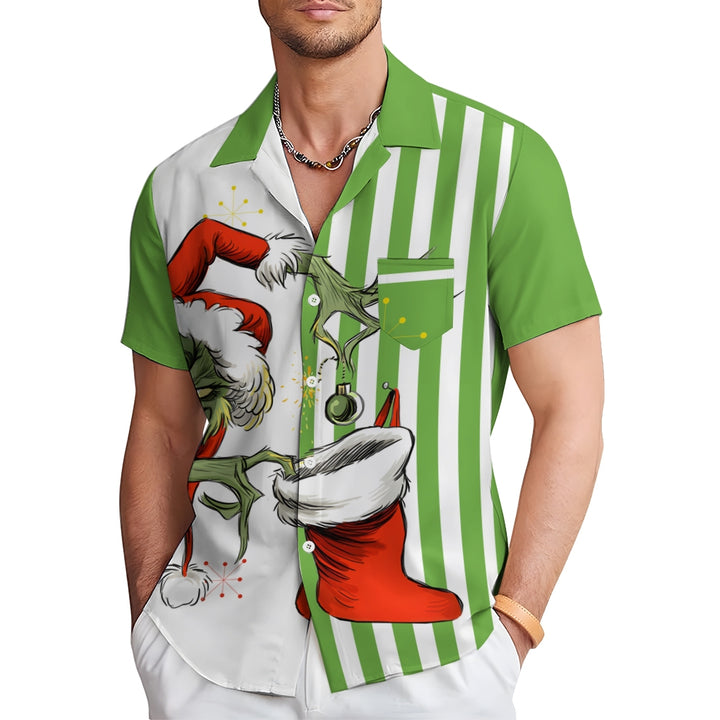 THE GRINCH  Christmas Striped Chest Pocket Short Sleeved Shirt 2310000328