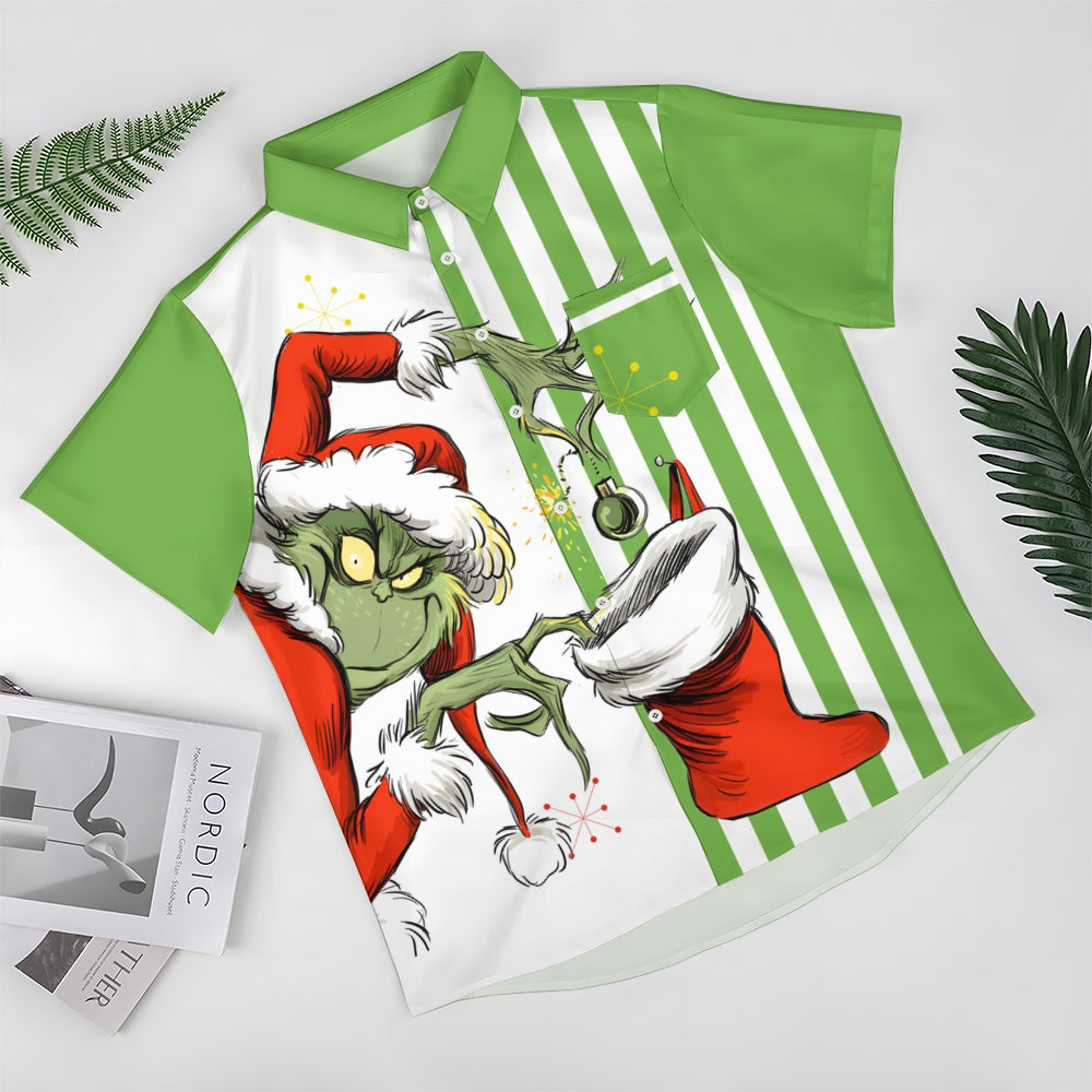 THE GRINCH  Christmas Striped Chest Pocket Short Sleeved Shirt 2310000328