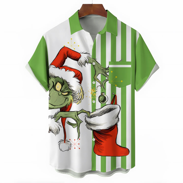 THE GRINCH  Christmas Striped Chest Pocket Short Sleeved Shirt 2310000328