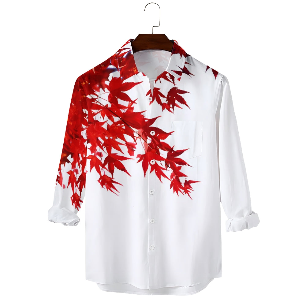 Red Maple Leaf Large Size Casual Long Sleeve Shirt 2408000116