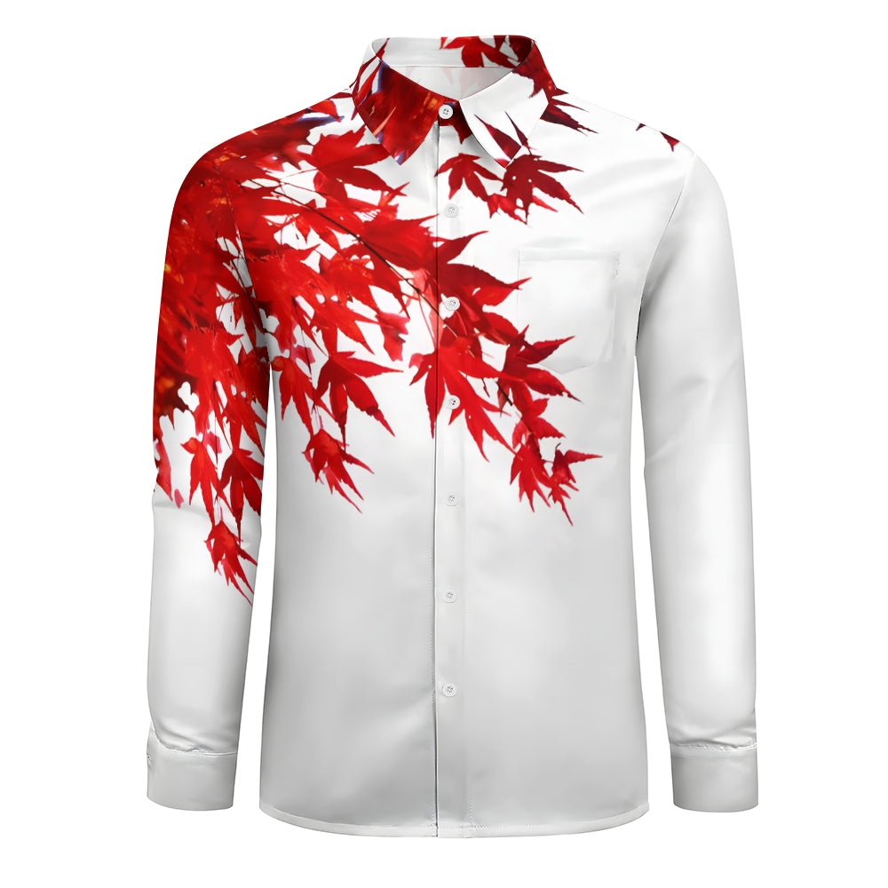 Red Maple Leaf Large Size Casual Long Sleeve Shirt 2408000116