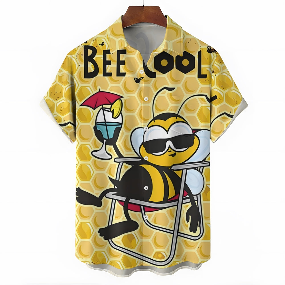 Bee Cool Retro Print Hawaiian Short Sleeve Shirt 2408000877