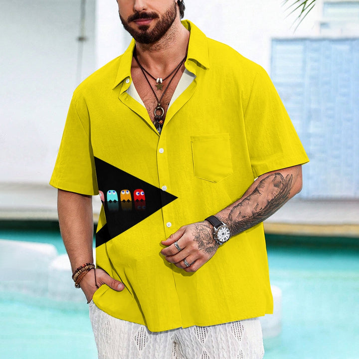 Bright Yellow Pac-Man Hawaiian Short Sleeve Shirt 2408000887