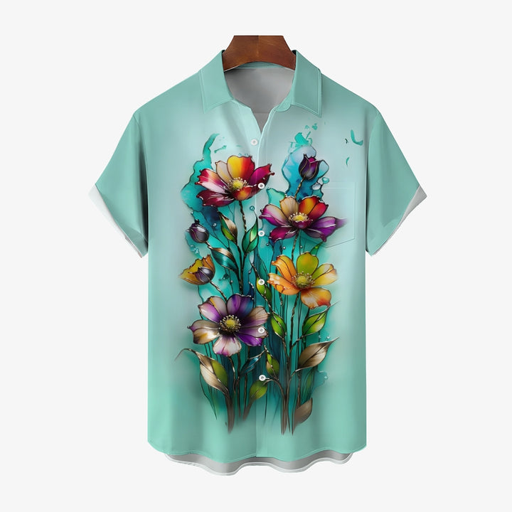 Hawaiian Floral Gradient 3D Print Men's Button Pocket Short Sleeve Shirt 2408000896