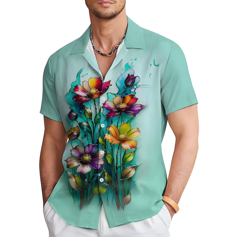 Hawaiian Floral Gradient 3D Print Men's Button Pocket Short Sleeve Shirt 2408000896