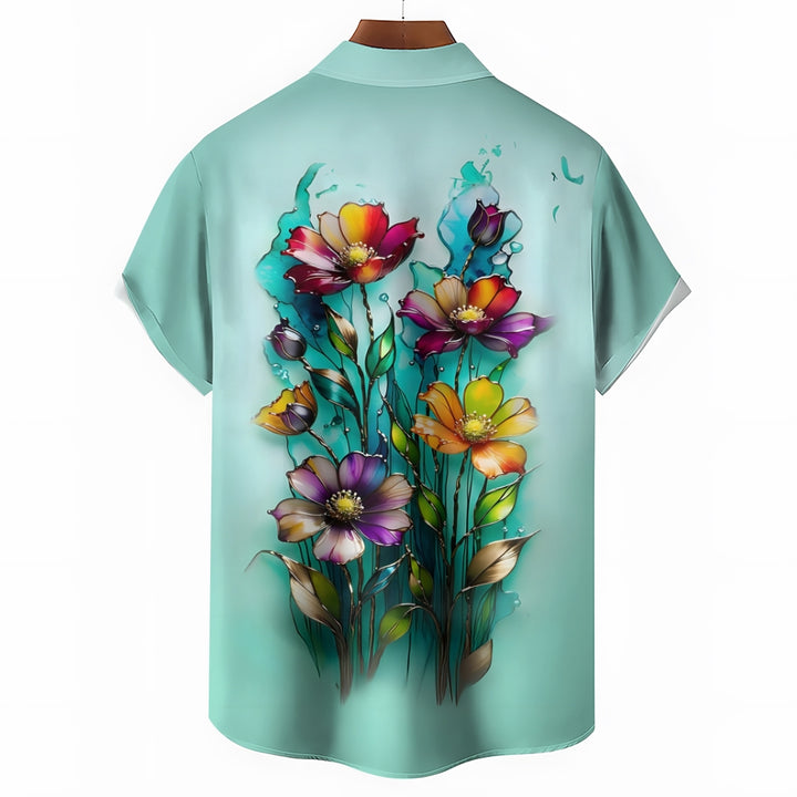 Hawaiian Floral Gradient 3D Print Men's Button Pocket Short Sleeve Shirt 2408000896